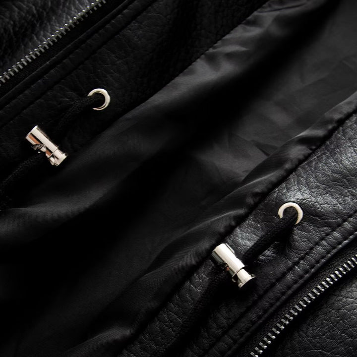 Women Oversized Double-Breasted Faux Leather Coat with Drawstring and Stand-Up Collar Amarae