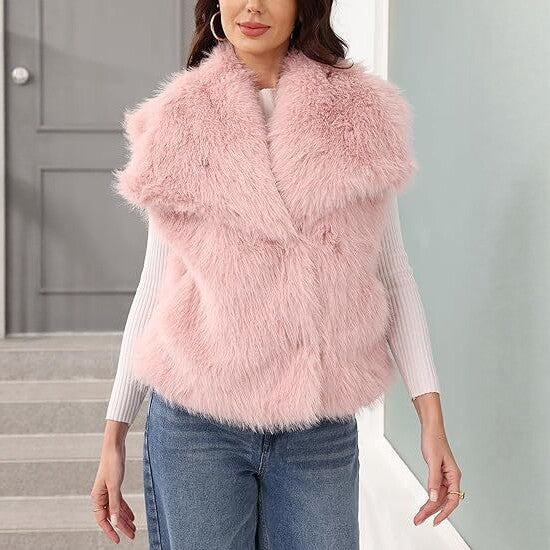 Ladies sleeveless long-pile faux fur vest with voluminous shawl collar Amarae