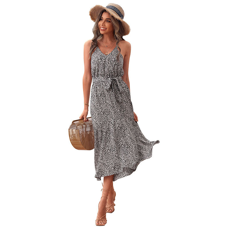 Maxi dress with ruffles without sleeves for women with tie belt detail Lune London