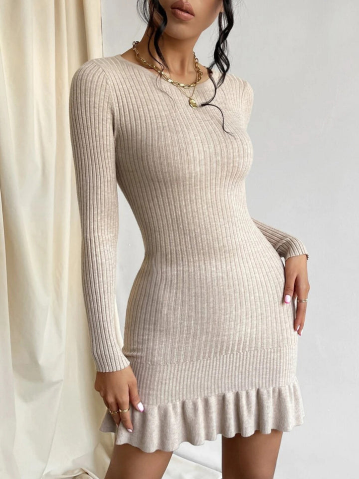Knitted dress for women with gathered hem and fine ribbed pattern Lune London