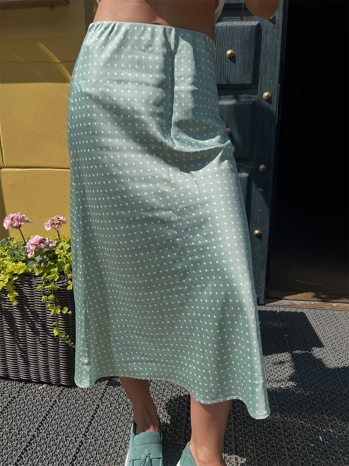 Women's satin midi skirt with polka dot print, tailored fit & flowing bias silhouette Amarae