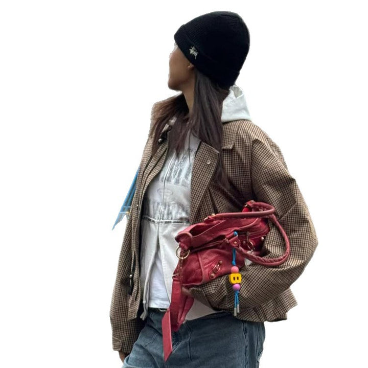 Women's Boxy Short Jacket in Glencheck with Elastic Hem and Zipper Amarae