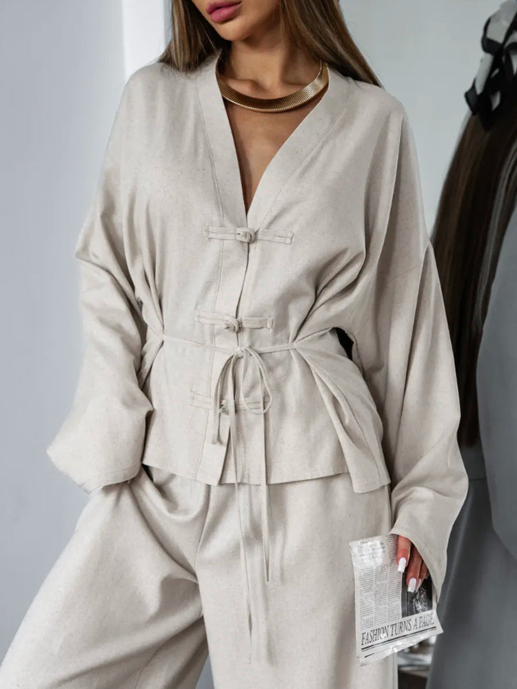 Women's Kimono-Inspired Loungewear Jacket with Waist Tie and Decorative Knot Amarae