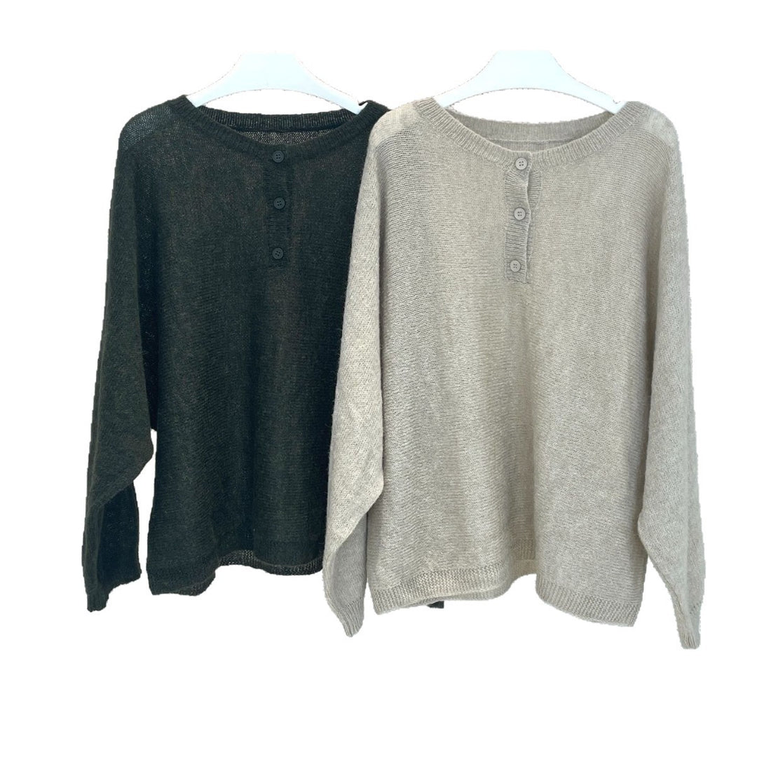 Women Loose Alpaca-Mix Round Neck Sweater with Concealed Button Placket Amarae