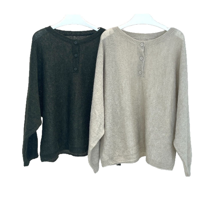 Women Loose Alpaca-Mix Round Neck Sweater with Concealed Button Placket Amarae