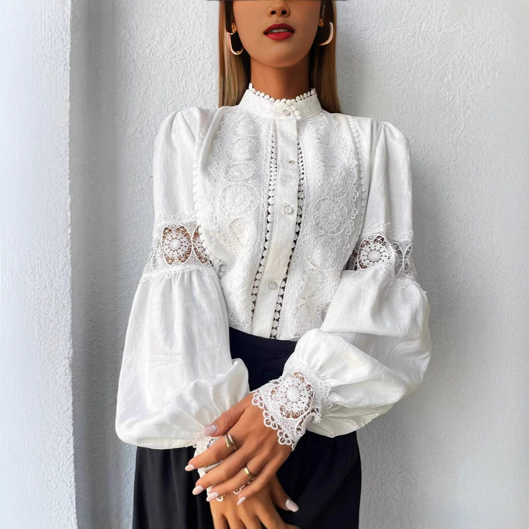 Women's Elegant Lace Blouse in Vintage Style with Stand Collar and Balloon Sleeves Amarae