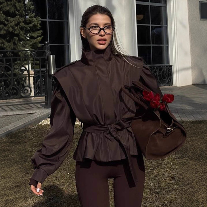 Women's Tailored Peplum Jacket with Tie Belt and Voluminous Sleeves Amarae