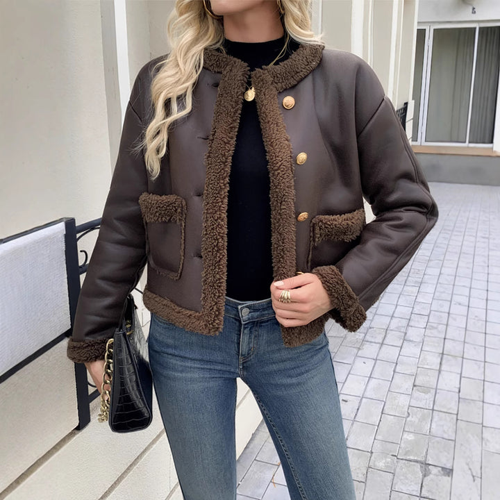 Textured short-cut jacket for women with hidden buttons and pockets Lune London