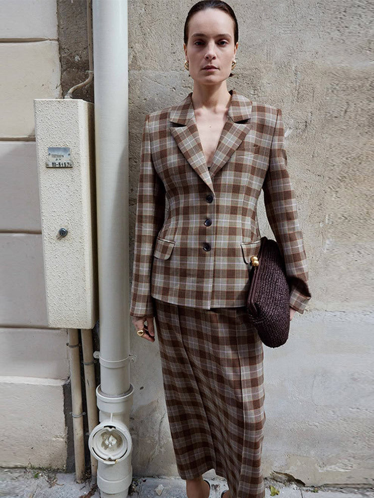 Women's Checkered Blazer and Mini Skirt Set with Tailored Silhouette and Peplum Amarae