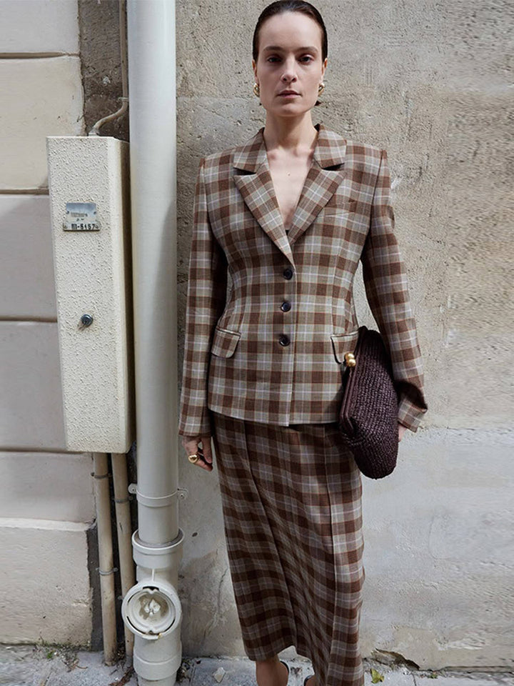 Women's Checkered Blazer and Mini Skirt Set with Tailored Silhouette and Peplum Amarae