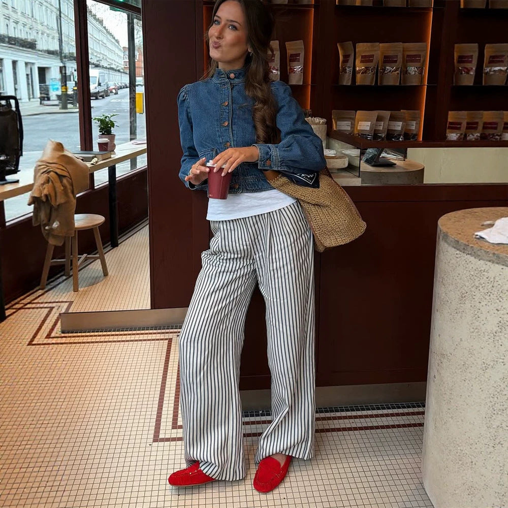 Women Wide Striped Palazzo Pants with High Waist and Flowing Viscose Quality Amarae