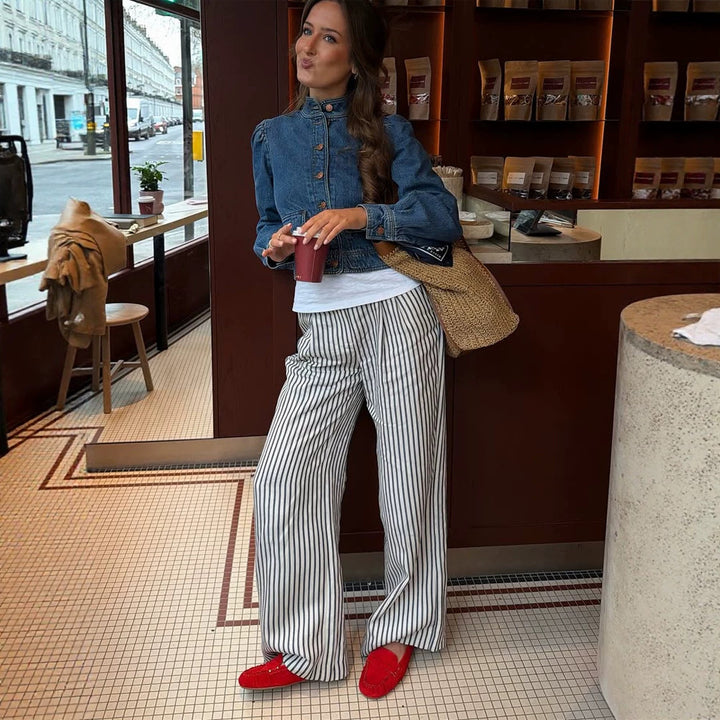 Women Wide Striped Palazzo Pants with High Waist and Flowing Viscose Quality Amarae