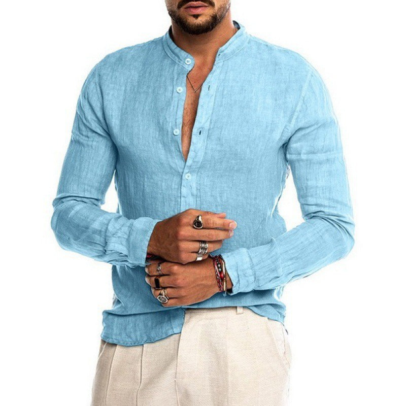 Men's Lightweight Linen Shirt with Stand-Up Collar, Slim Fit and Continuous Button Placket Amarae