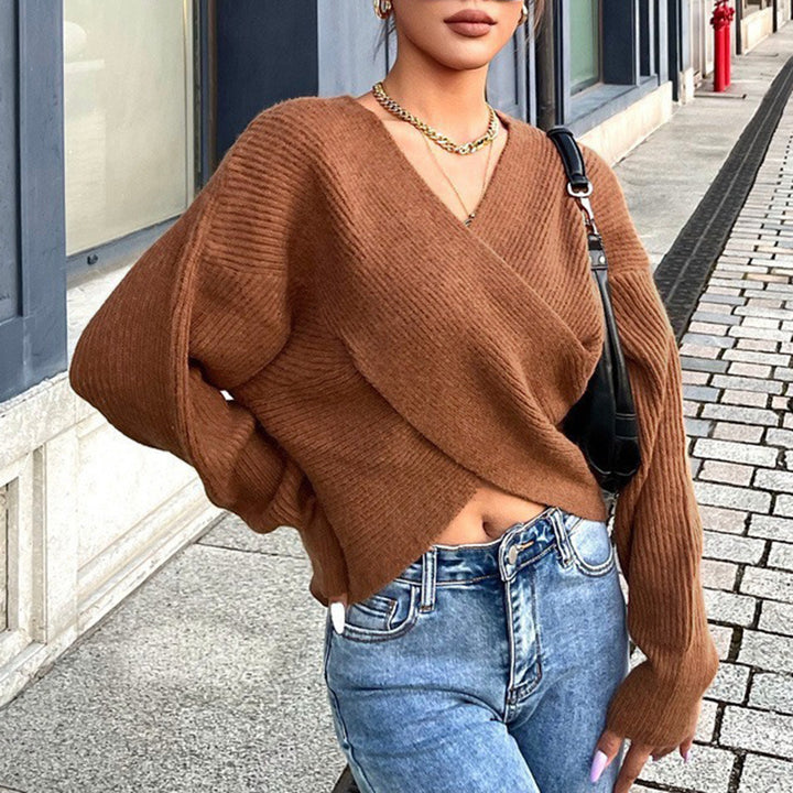Ladies cozy wrap sweater with deep V-neck and wide sleeves Lune London