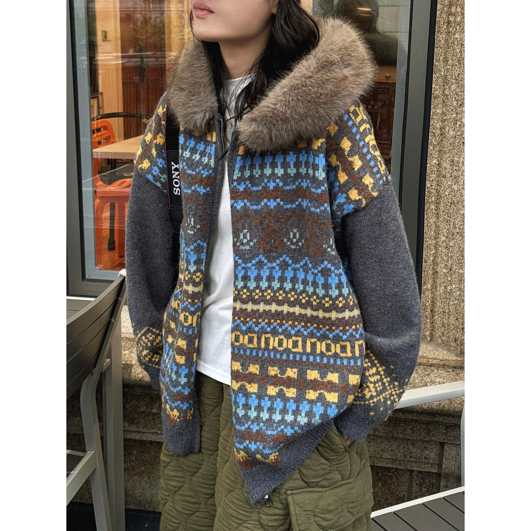 Women's patterned cardigan with faux fur hood and zipper Amarae