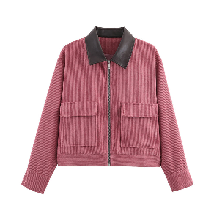Ladies short-cut cord jacket with lapel collar made of faux leather and patch flap pockets Amarae