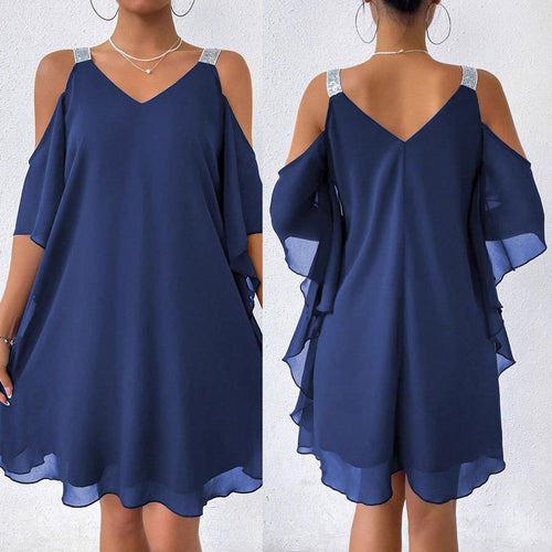 Asymmetrical V-neck dress with off-the-shoulder Amarae
