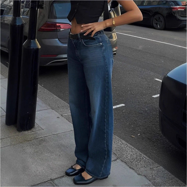 Ladies High-Waisted Wide-Leg Denim Jeans with Straight Hem and Light Used Effect Amarae