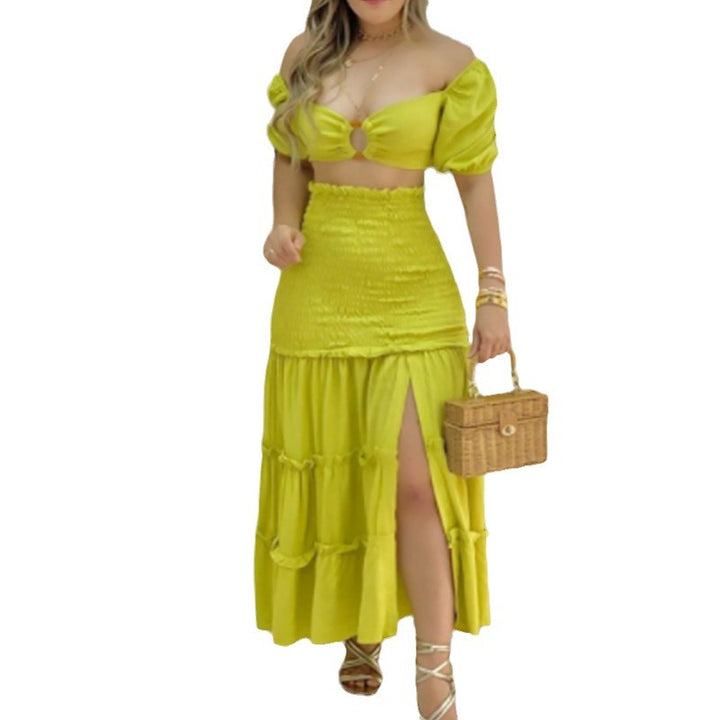 Robe d'été deux pièces pour femmes en tissu froissé avec manches bouffantes et fente haute Chic & Stil