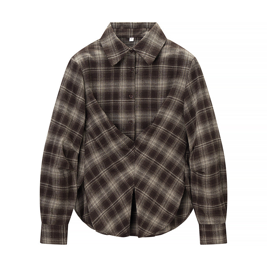 Women's Checked Shirt Blouse with Wrap Front and Rounded Hem Amarae