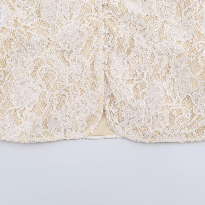 Women's lace blouse with stand-up collar and pearl button placket Amarae