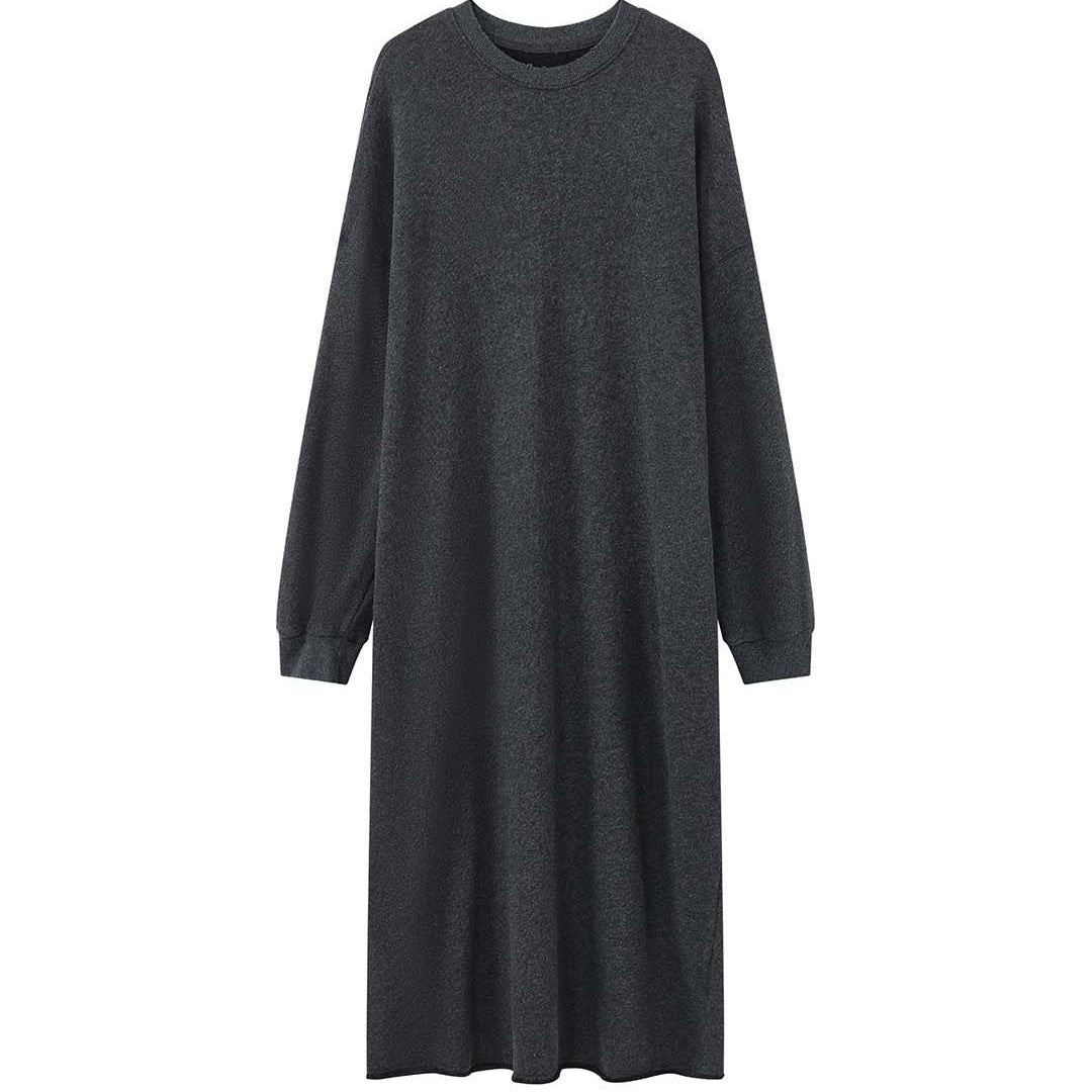 Women's Casual Midi Dress Made of Fine Knit with Round Neckline and Raw Hem