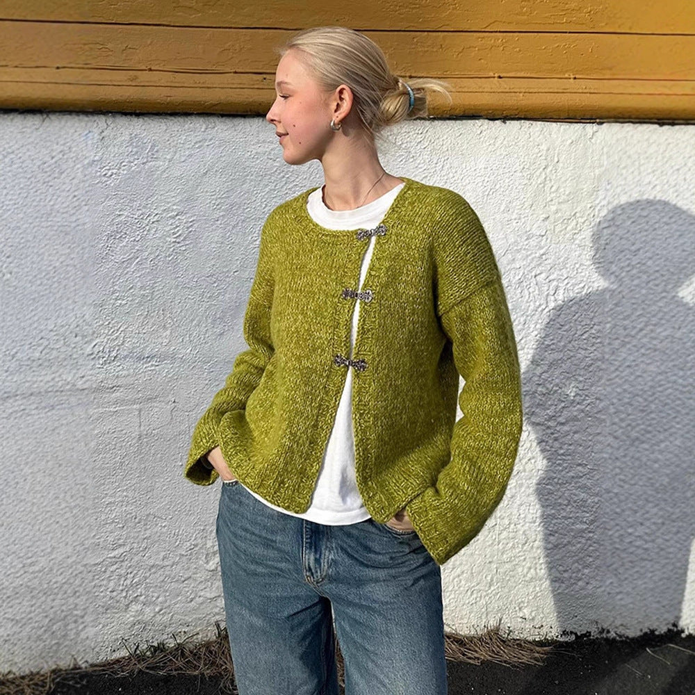 Women's Short Oversized Knit Cardigan with Decorative Hook Closures & Round Neckline Amarae