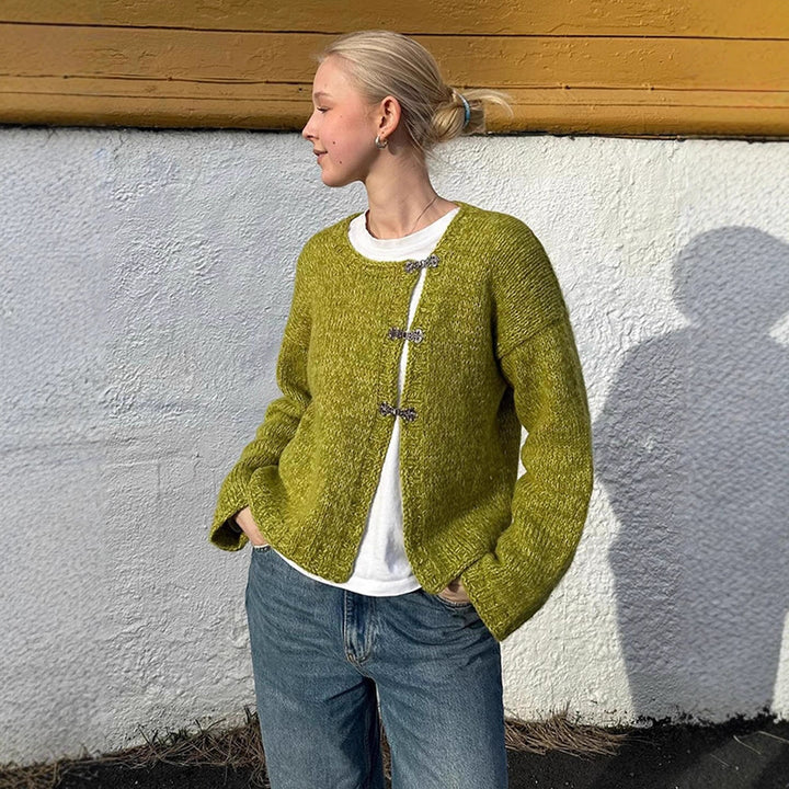 Women's Short Oversized Knit Cardigan with Decorative Hook Closures & Round Neckline Amarae