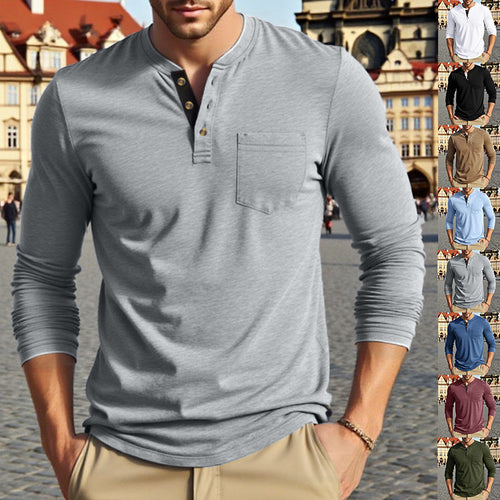 Men's Long Sleeve Henley Shirt with Practical Chest Pocket Amarae