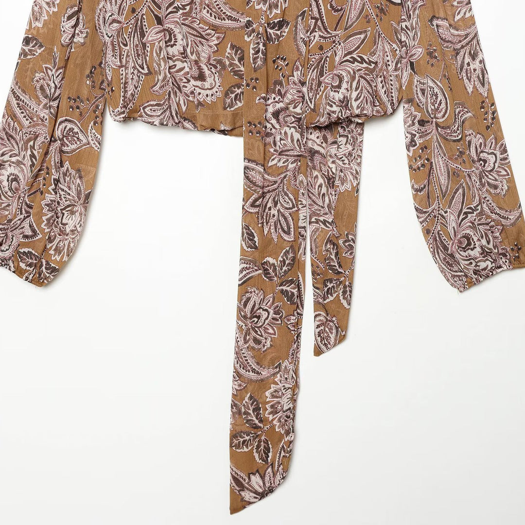 Women Printed Wrap Blouse with Shawl Collar and Balloon Sleeves Amarae