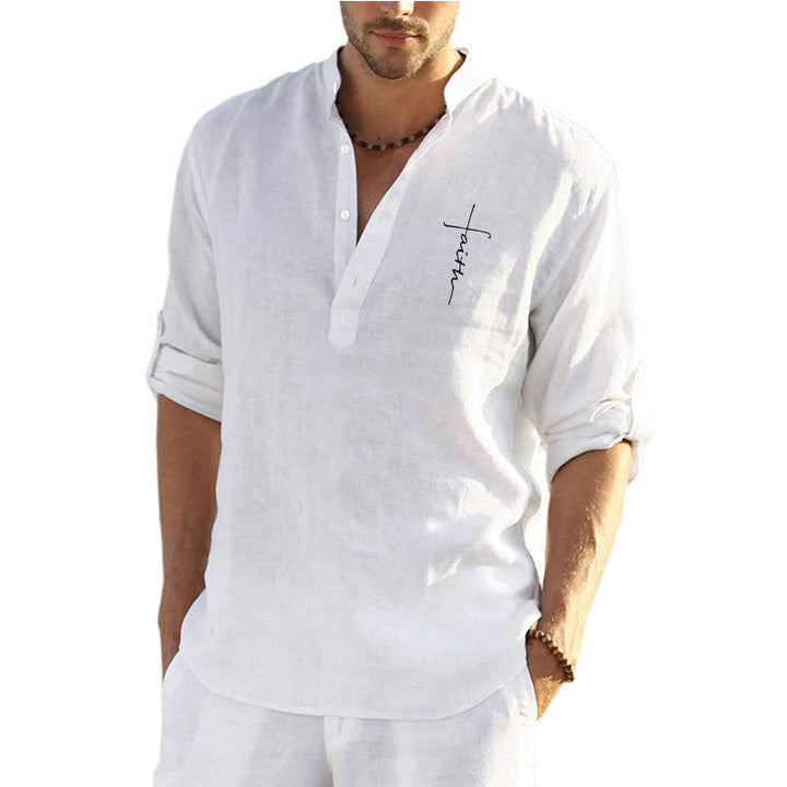 Casual linen shirt for men with a short stand collar and decorative button closure Lune London
