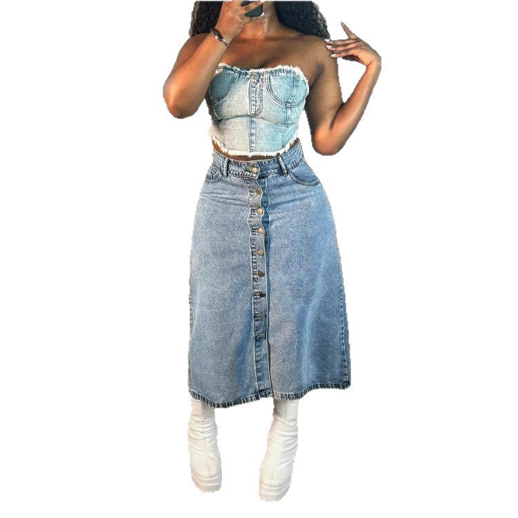 Women A-line denim mid-skirt with high-waisted waistband and continuous button placket Amarae