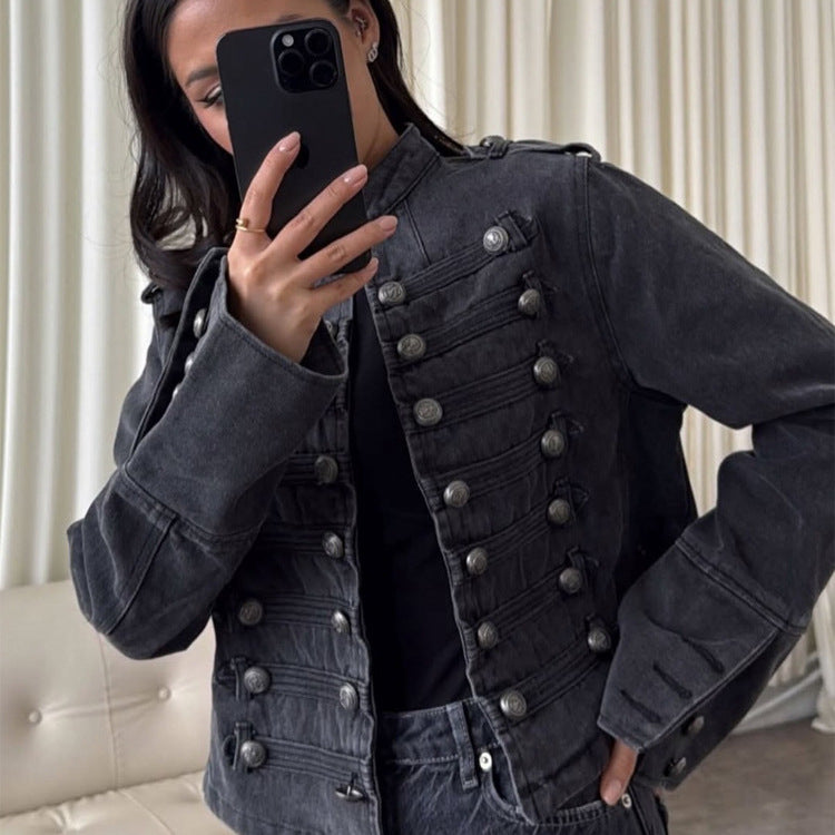 Women's Short Denim Jacket with Parade Trim and Decorative Button Placket Amarae