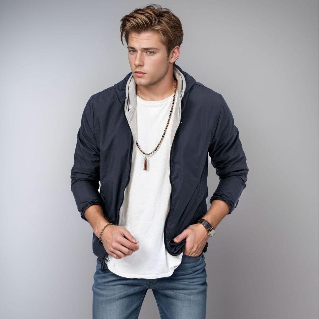 Lightweight transition jacket for men with adjustable hood Lune London