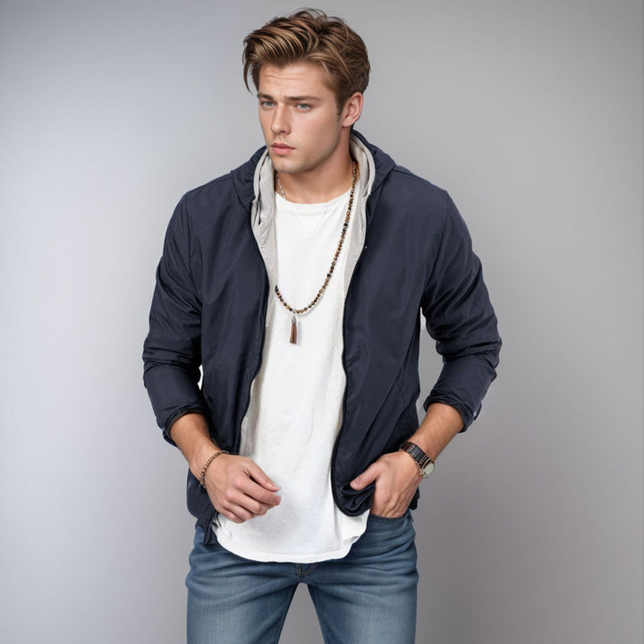 Lightweight transition jacket for men with adjustable hood Lune London