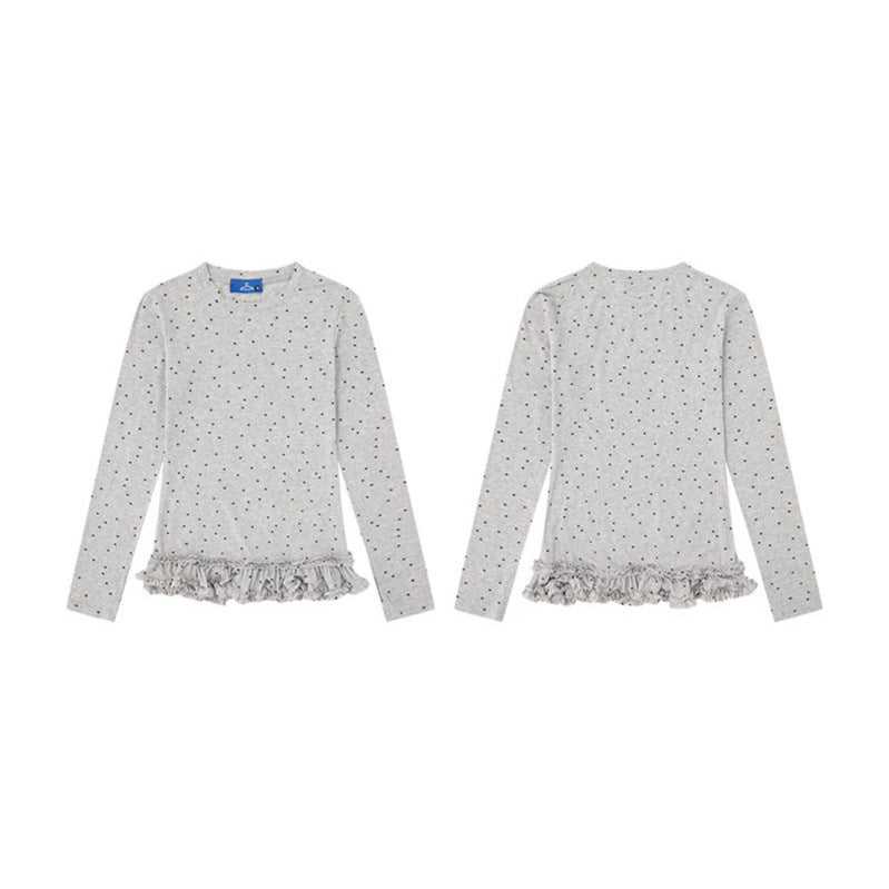Women's long-sleeve shirt with ruffled hem and polka dot all-over print