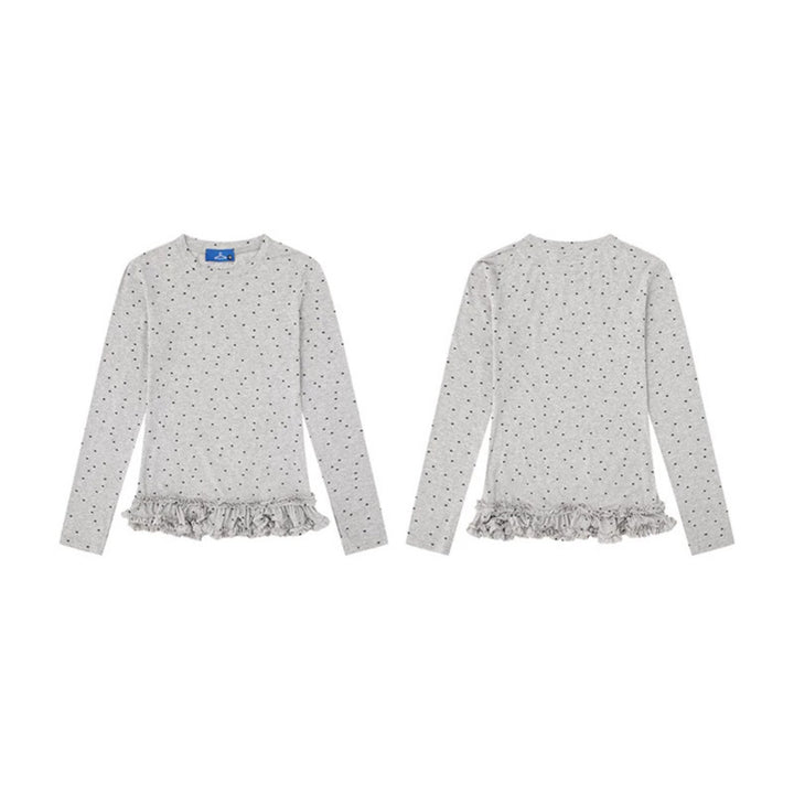 Women's long-sleeve shirt with ruffled hem and polka dot all-over print