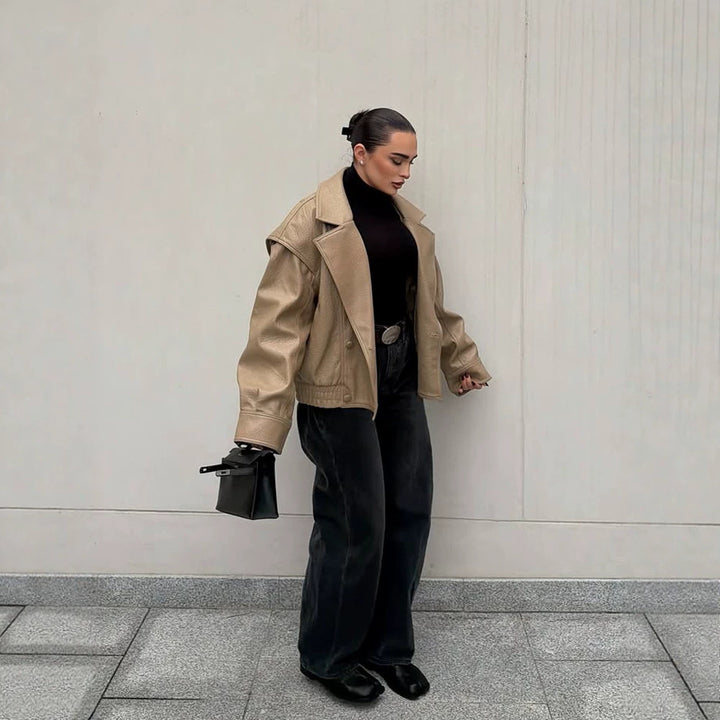 Women Oversize Faux Leather Bomber Jacket with Boxy Cut and Wide Lapel Amarae