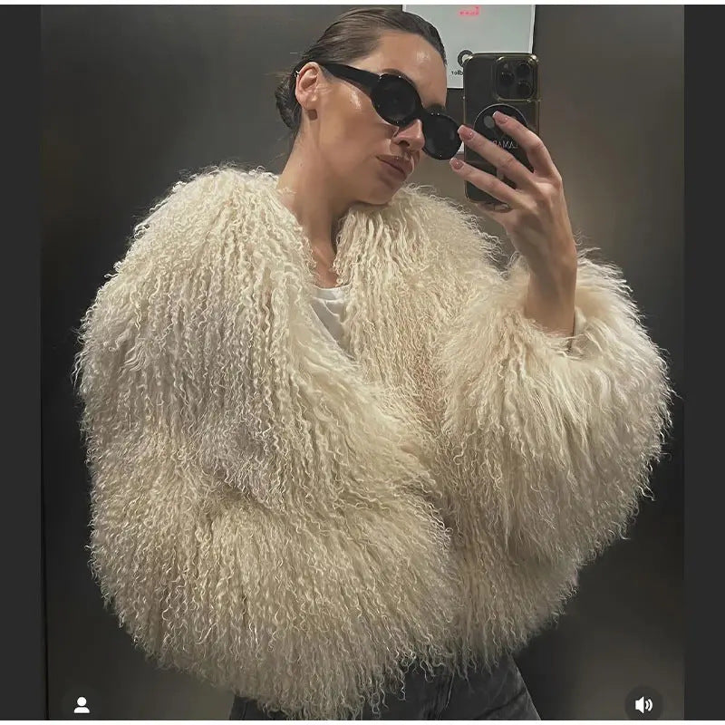 Women's Cozy Faux Fur Jacket with High Collar and Elegant Details Lune London