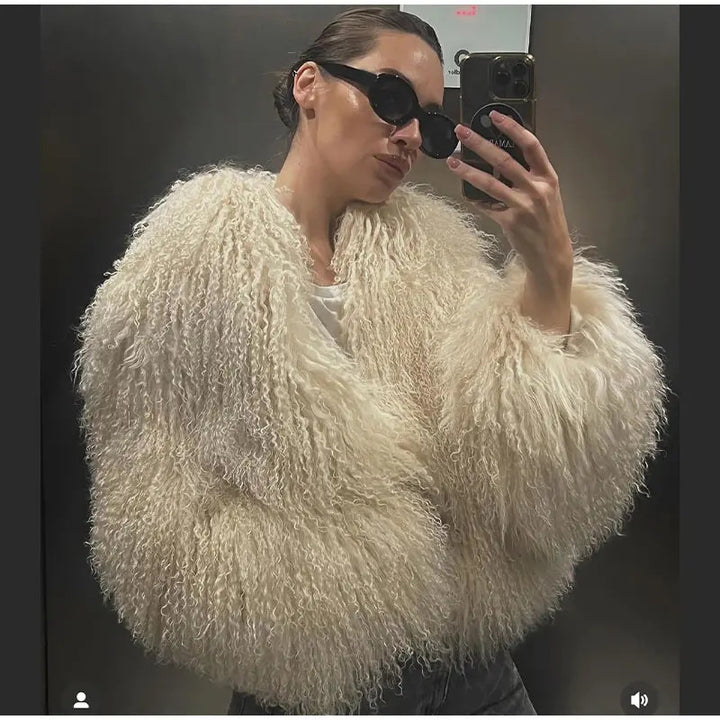 Women's Cozy Faux Fur Jacket with High Collar and Elegant Details Lune London