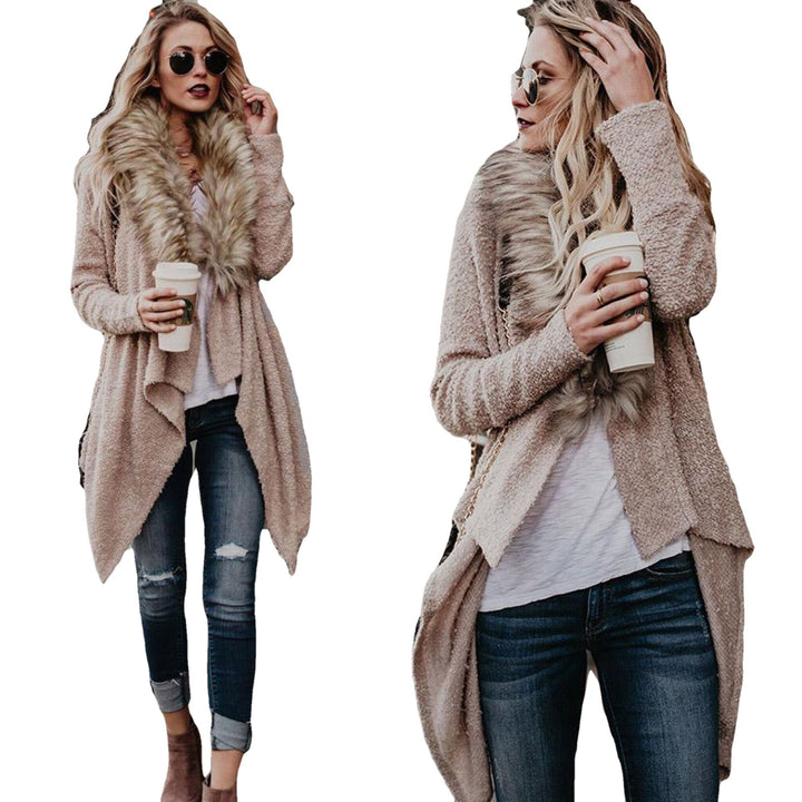 Womens knitted jacket with luxurious faux fur collar and asymmetric cut Lune London