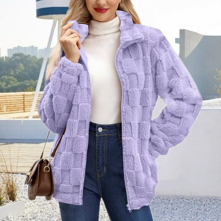 Women's teddy jacket with check structure, stand-up collar and zipper Amarae