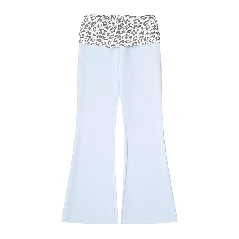 Women's Wide Jersey Lounge Pants with Flared Hem and Turned-Down Leopard Waistband Amarae