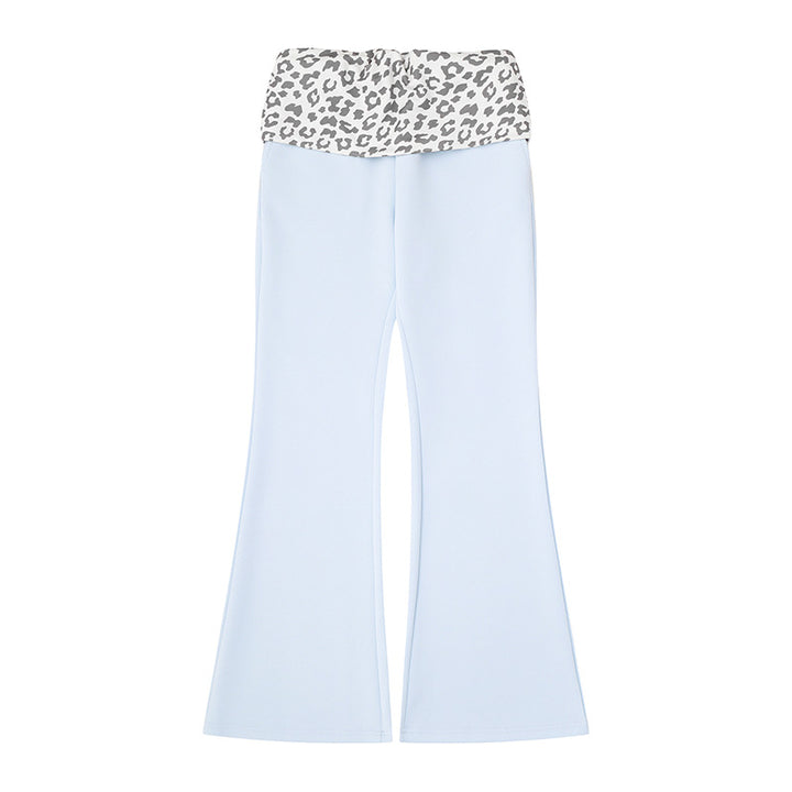 Women's Wide Jersey Lounge Pants with Flared Hem and Turned-Down Leopard Waistband Amarae
