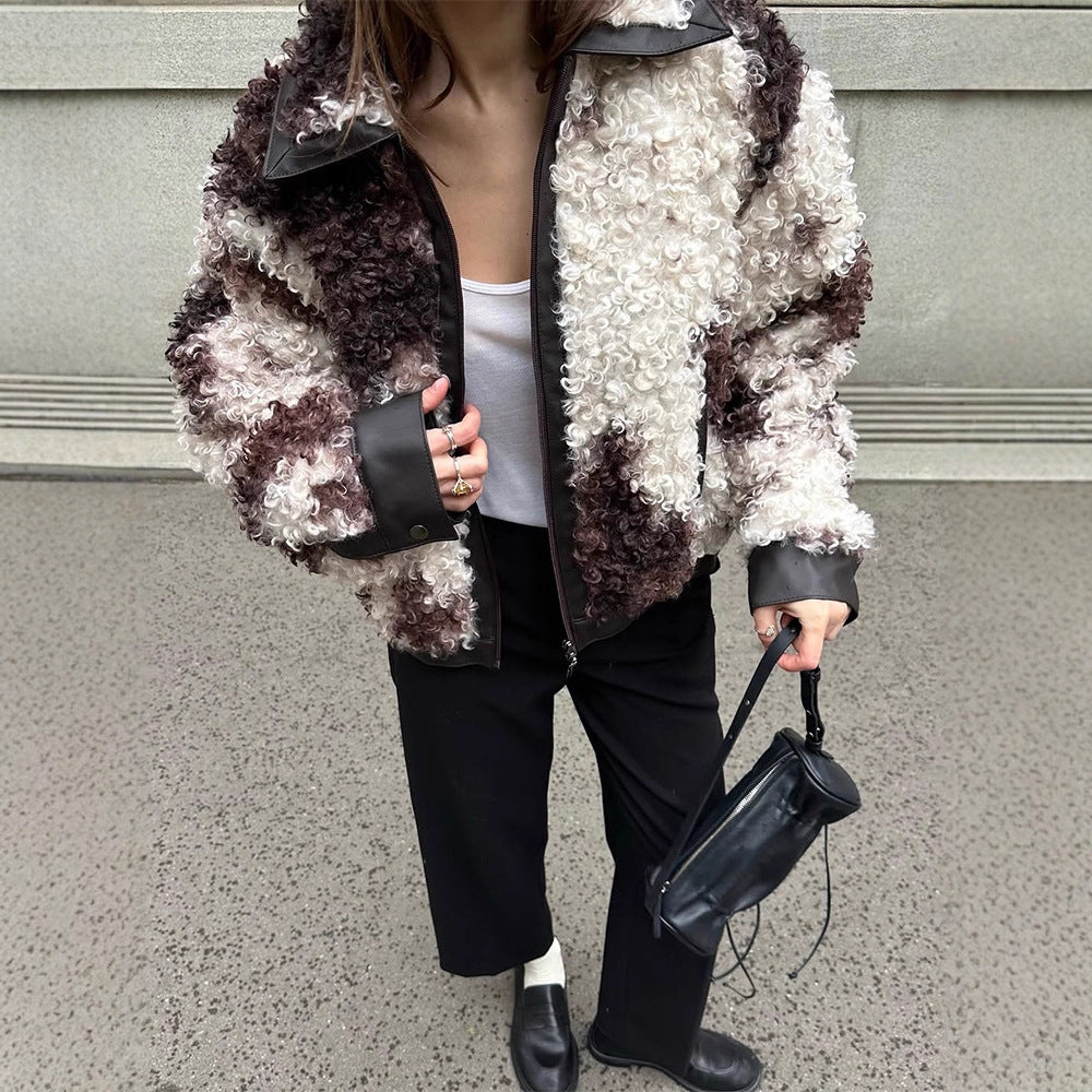 Women's short jacket made of curly bouclé faux fur with leather look detailing Amarae
