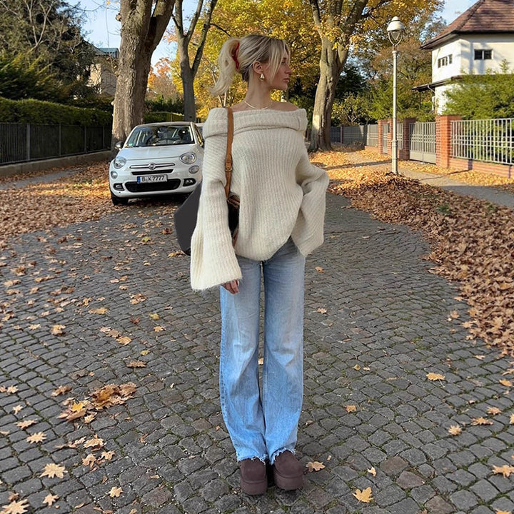Women's Oversize Off-Shoulder Ribbed Knit Sweater with Wide Bell Sleeves Amarae