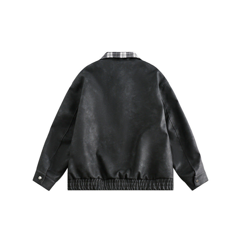 Men's suede look bomber jacket with checked shirt collar, flap pockets, and elastic hem Amarae