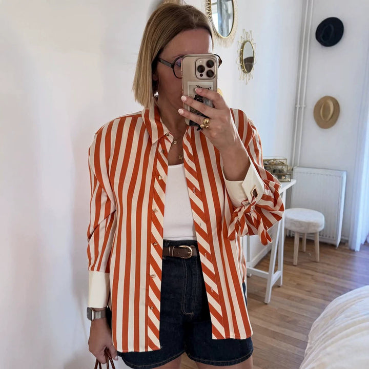 Women Striped Oversize Shirt Blouse with Ties on Sleeves and Concealed Button Placket Amarae