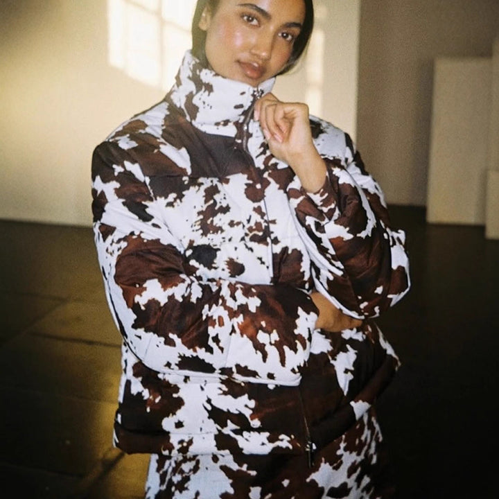 Women's cropped quilted jacket with cow print and high stand-up collar Amarae