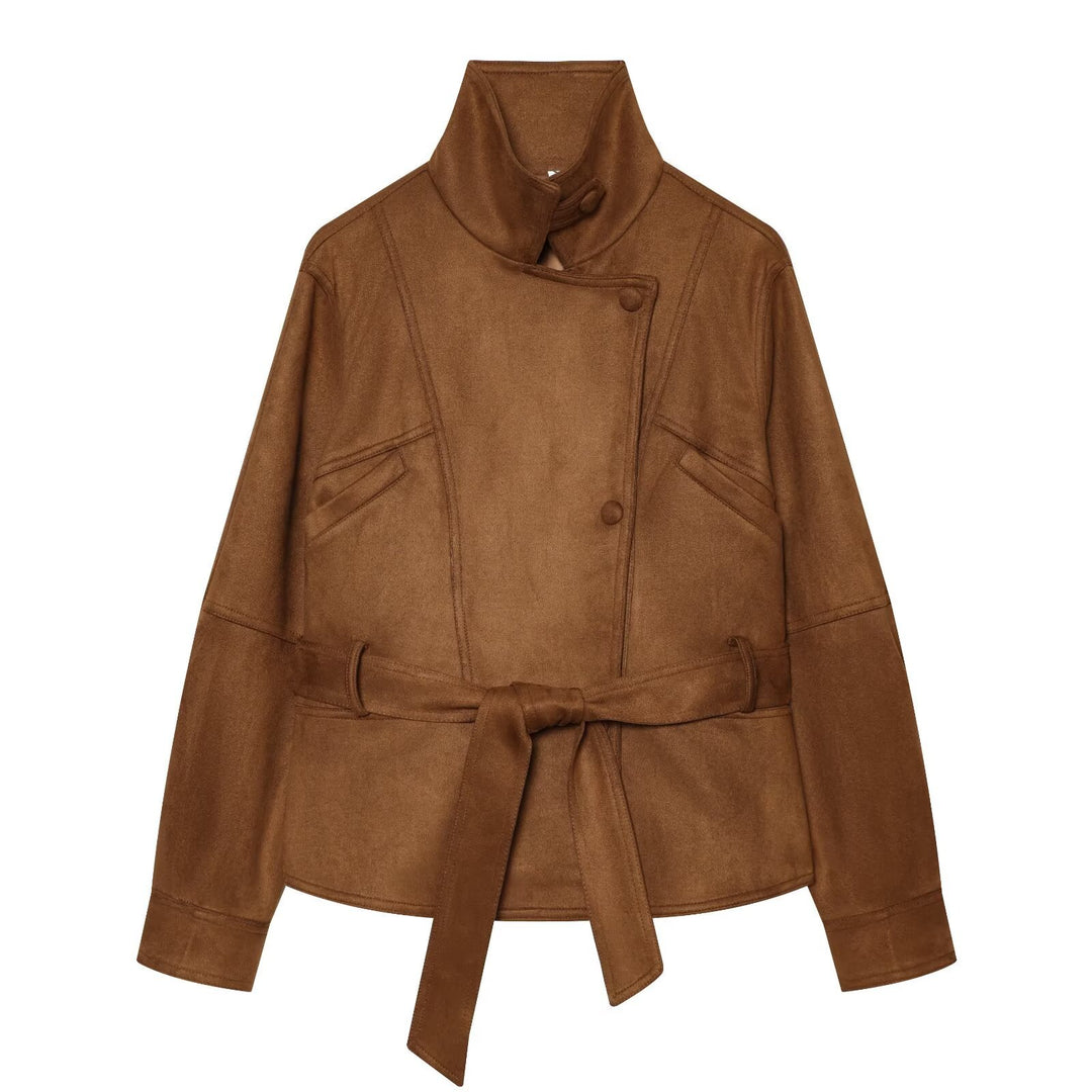 Women's tailored short jacket made of soft suede imitation with asymmetrical button placket and tie belt Amarae